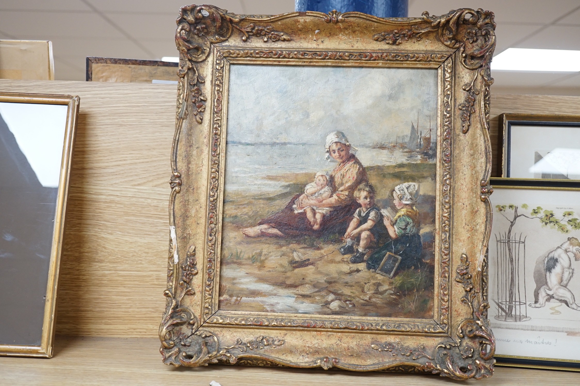 Circle of Robert Gemmel Hutchison, oil on canvas, Fisherman's family on the shore, initialled, 30 x 25cm